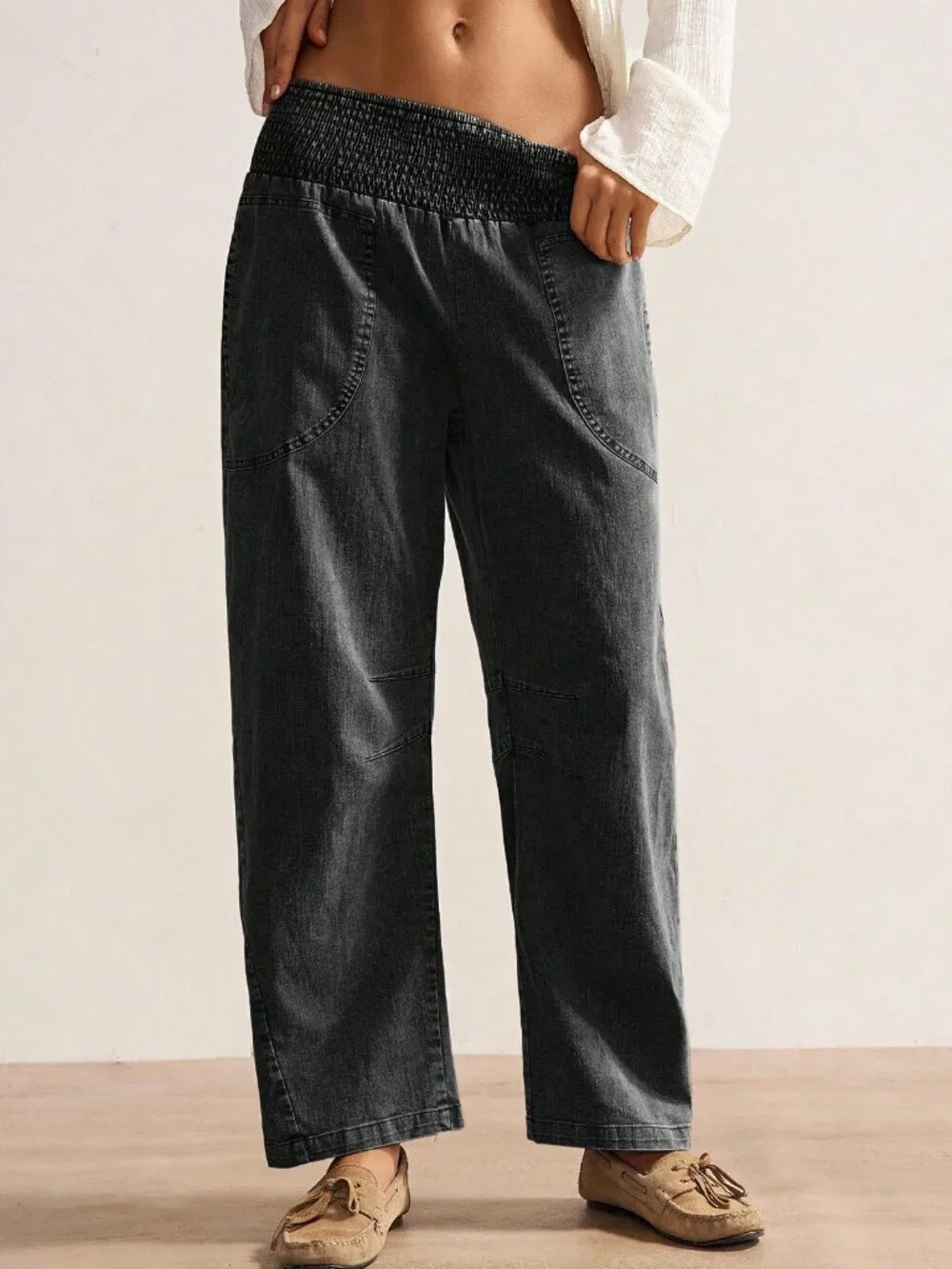 Black Casual Women's Woven Loose Low Waist Pants